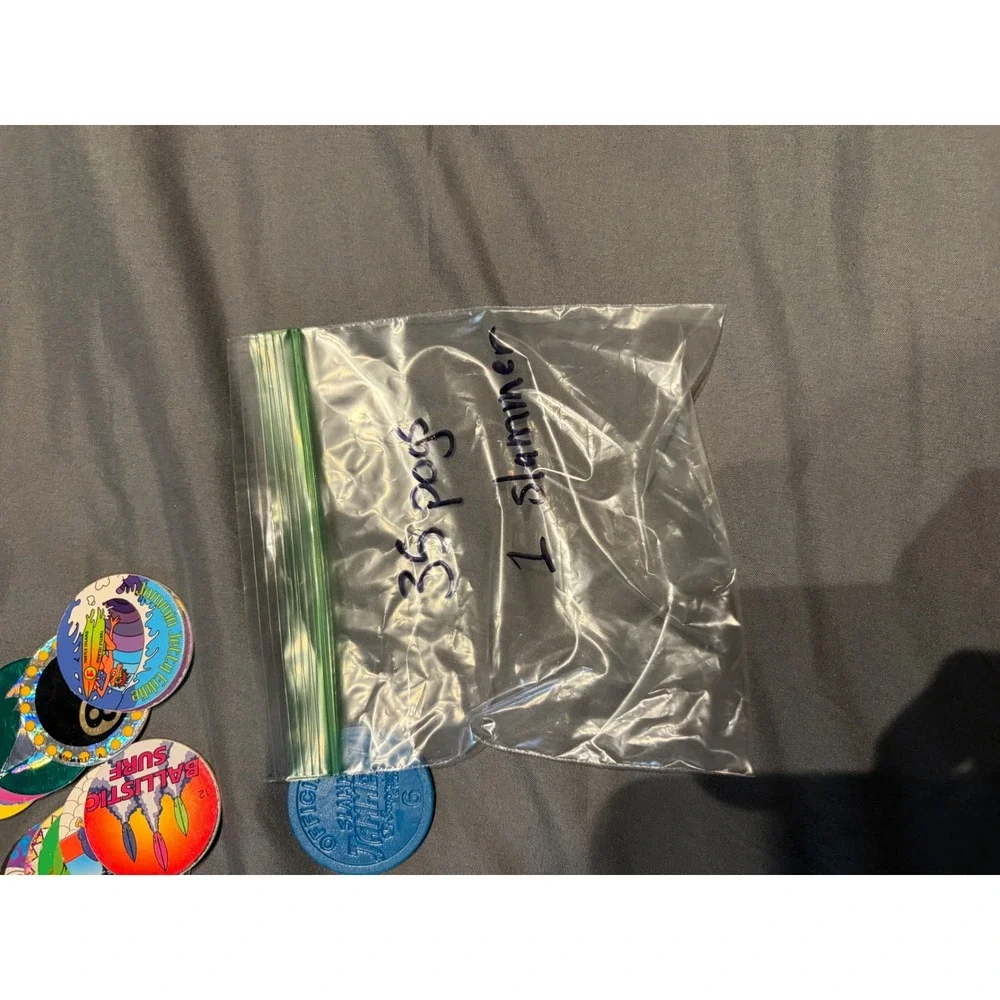 Vintage 90s Pogs Lot 35 Milk Caps and 1 Official Slammer Jammer Blue Retro Toy